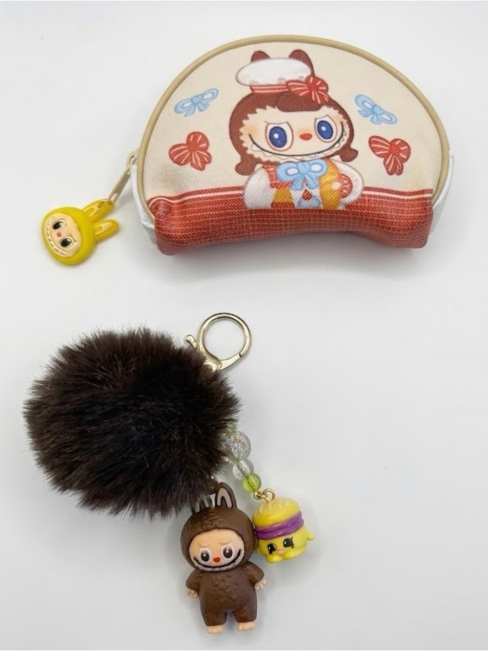 ✨NEW HANDMADE LABUBU POUCH & CLIP-ON SHOPKINS POM GOLD ACCENT KIDS KEYCHAIN SET✨